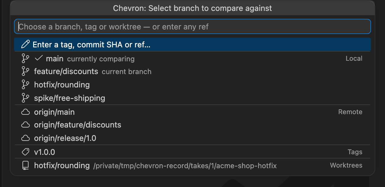 The branch picker, grouped into Local, Remote, Tags and Worktrees, with main marked as currently comparing.